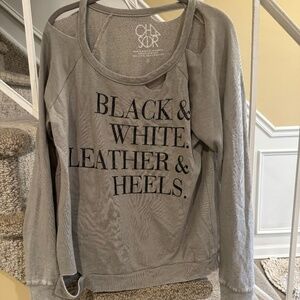 Chaser "Black & White. Leather & Heels." Taupe Distressed Sweatshirt